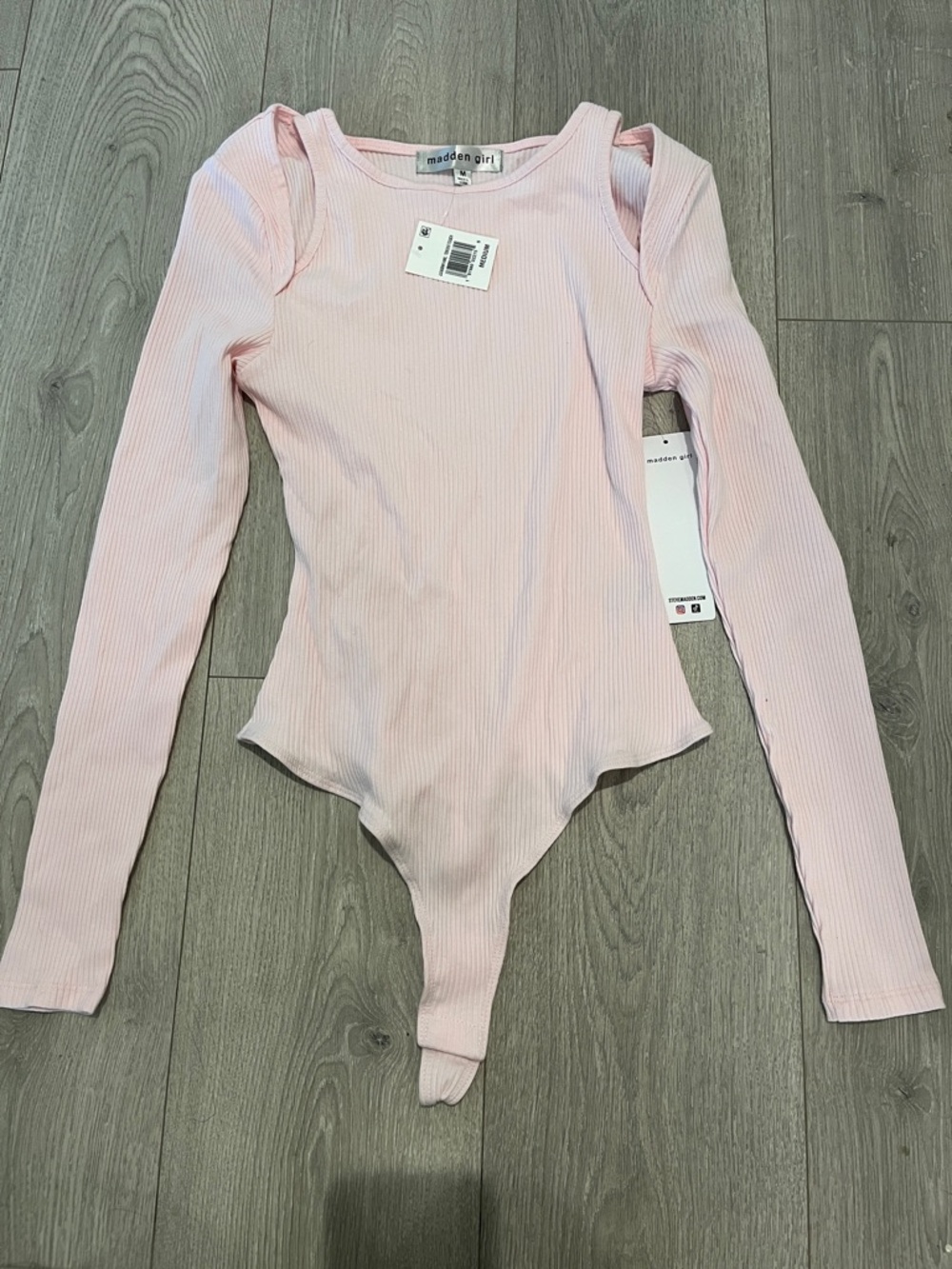 Madden Girl Light Pink Ribbed Long-Sleeve Bodysuit